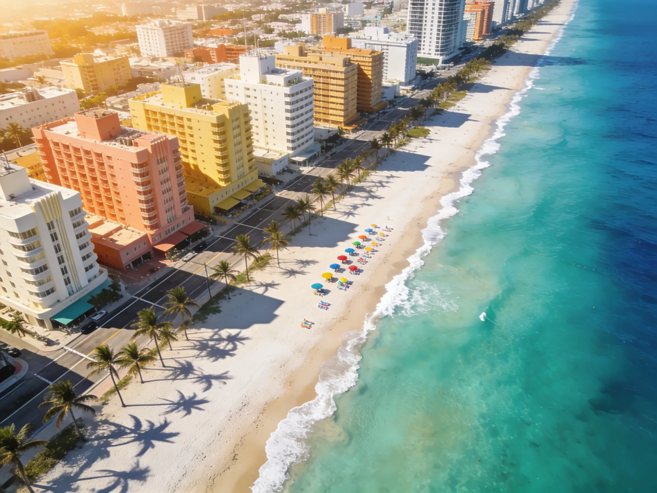 Aerial view of Miami Beach coastline with turquoise water and Art Deco buildings